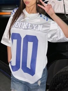 Sommer Straßen Einfarbig Locker Oberteile Amerikanisch Retro Buchstaben Muster V-Ausschnitt Kurzarm Blazer T-Shirt