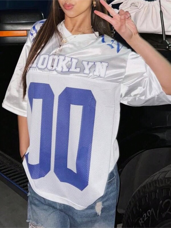 夏季街头纯色宽松上衣美式复古字母印花V领短袖西装T恤