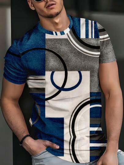 Camiseta casual de cuello redondo para hombre con patrón de bloques de color geométrico 3D, mangas cortas, para deportes al aire libre
