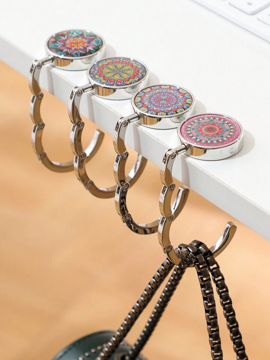 1pc Foldable Metal Purse Hook, Vintage Flower Design, Stainless Steel Table Mount Hanger For Bag & Wallet, Portable Tabletop Hook