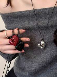 1 件不对称超大心形皮绳长毛衣链项链，红色、黑色、银色，女士珠宝礼品，Y2K 风格配饰，适合庆祝、情人节、妈妈、母亲、母亲节、礼物 - 愛心項鍊 - 查看 2