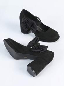 Zapatos de tacón alto elegantes, cómodos y versátiles para fiesta y uso casual, con puntera redonda, tacón grueso, decoración de lazo vintage y color negro