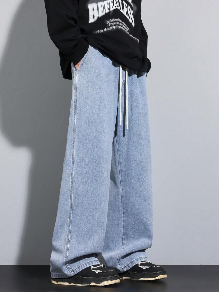 High-End Minimalist Versatile Straight Washed Denim Jeans, Drawstring Elastic Waist Casual Pants, All Season - Baby Blue - View 1