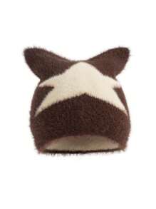 1pc Men's New Cute Street-Style Pentagram Embroidery Fluffy Cat Ear Knitted Beanie Hat, Warm Ear Protection, Autumn