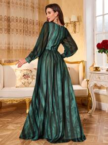 SUPGIR [Random Cut] Women V-Neck Lantern Long Sleeve Multi-Color Print Chiffon Elegant Split Hem Evening Party Formal Dress, Wedding Guest Dress - Dark Green - View 2