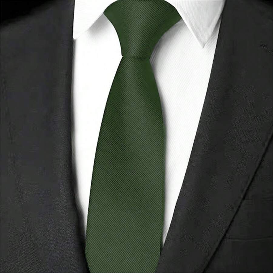 Slim Plain Twill Social Tie With Fine Lines - 軍綠色 - 查看 1