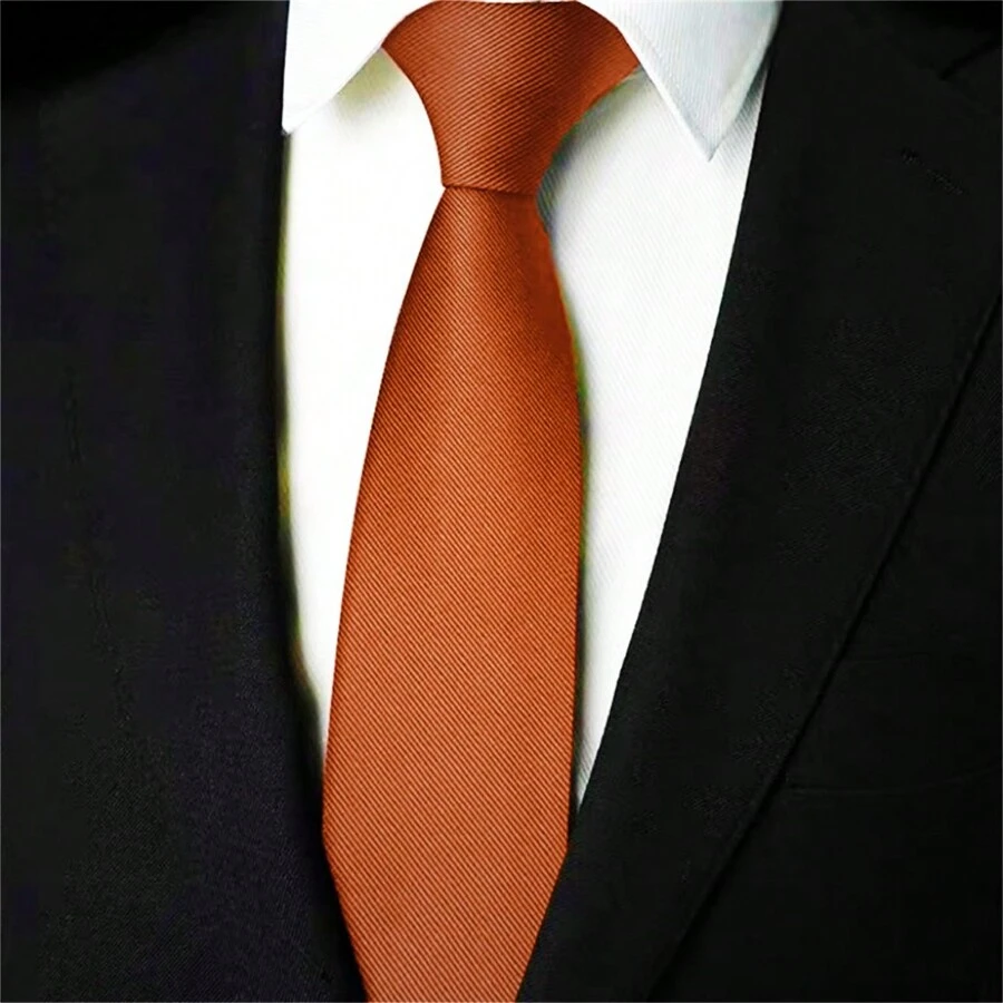 Slim Plain Twill Social Tie With Fine Lines - Burnt Orange - View 1