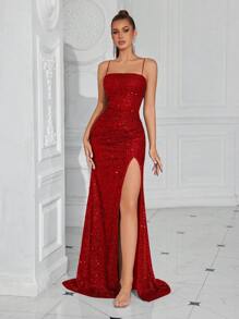 ADYCE Vestido de fiesta con tirantes de espagueti, espalda descubierta y abertura alta con lentejuelas cruzadas, adecuado para fiestas, eventos, invitados de boda, Año Nuevo