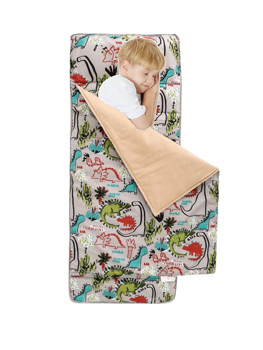 Colchoneta para siesta HESEAM Dino para niños pequeños, 100 % algodón, con almohada y manta de vellón, 50 x 20 x 2 pulgadas - Café integral - Ver 1