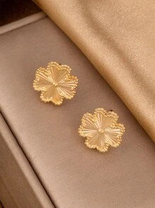 1 对时尚心形和四叶草设计耳钉女士 - 金色 - 查看 4