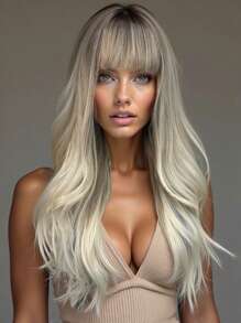 24 英寸灰色金色假发，自然波浪发 - 适合日常佩戴和中段款式，适合所有季节的角色扮演婚礼派对 - 彩色 - 查看 3