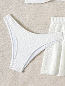 New Sexy Solid Ruched Crop Top & Bottom Bikini Set With Beach Skirt, For Summer Vacation