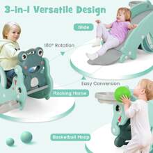 Homasis 3-In-1 Kids Slide Rocking Horse Set Convertible Toddler Slide W/ Basketball Hoop - Green - View 9
