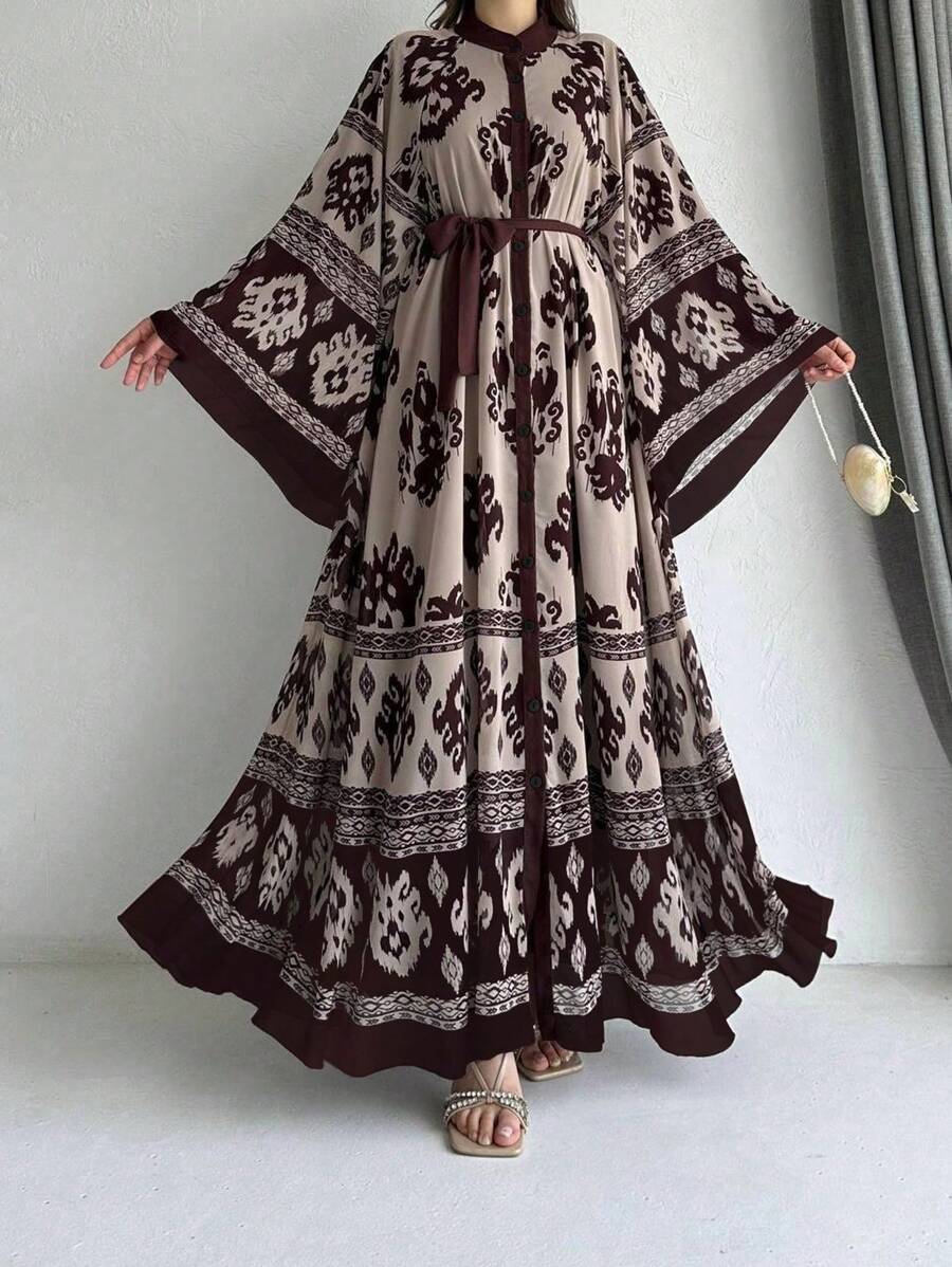 Front Button Closure Long Sleeve Tie-Front Printed Casual Arabian Dress, Modest - Multicolor - View 1