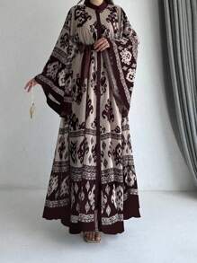 Front Button Closure Long Sleeve Tie-Front Printed Casual Arabian Dress, Modest - Multicolor - View 7