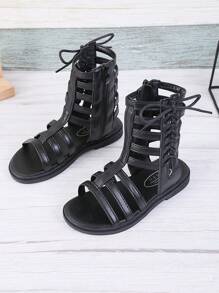 儿童系带拉链平底罗马凉鞋 - 黑色 - 查看 1