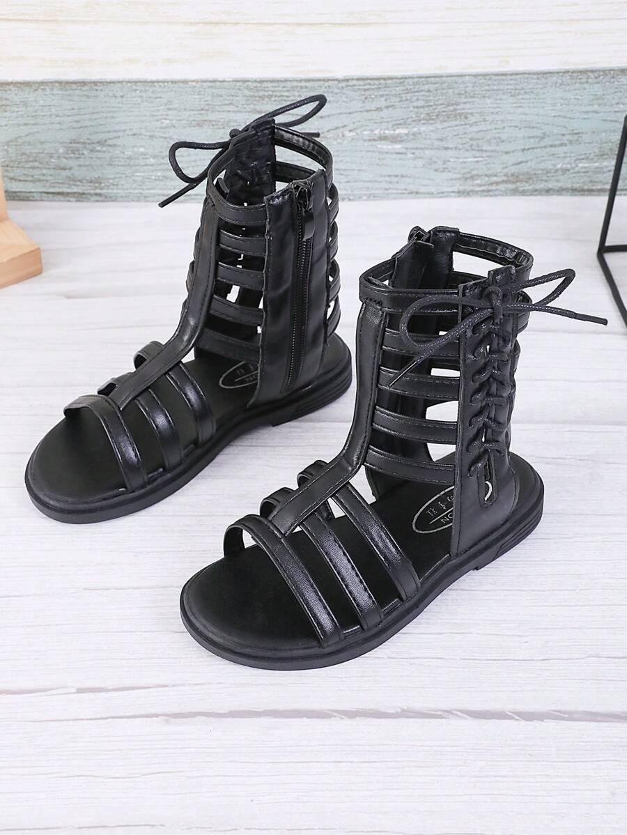 儿童系带拉链平底罗马凉鞋 - 黑色 - 查看 1