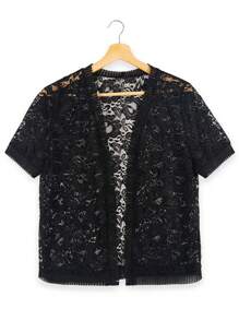 Yukiwi Women's Summer Solid Color Lace Patchwork Casual Open Front Short Sleeve Coat For Holiday Party Clothes Black - Black - View 3