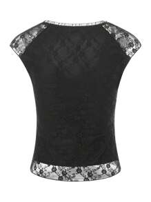 Women Y2k Lace Floral Shirt Top Fairy Lace Trim Short Sleeve V Neck Bow Front Tie Up T Shirts Slim Fit Tees Crop Top Summer Going Out Tops Club Streetwear - 黑色 - 查看 8