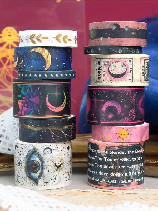 IEEBEE Conjunto de 12 rolos de fita washi vintage com tema de tarô, fita adesiva decorativa para diário, fita washi mágica vintage, fita para diário estilo antigo, faça você mesmo, scrapbooking, papelaria, decoração criativa, suprimentos para diário de volta às aulas