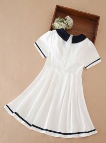 Tween Girls College Style Contrast Color Short Sleeve Dress, Back To School Tween Girl, Summer - White - View 2