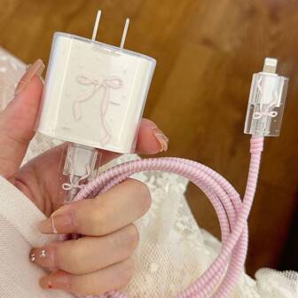 粉色蝴蝶结苹果15充电器线保护套20w兼容Iphone14防断13充电头保护壳数据线保护套，充电器保护套