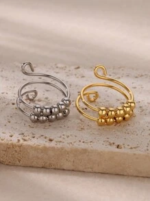 1 pieza Anillo abierto de doble capa con cuentas esféricas de moda para mujer, color dorado, acero inoxidable con diseño geométrico, joyería de fiesta de Hip Hop, regalo