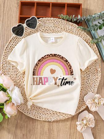 年轻女孩圆领短袖字母印花简约 T 恤休闲日常穿着