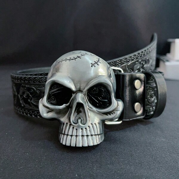 1 stuk PU leren riem met schedelpatroon in vintage stijl en gesp van legering, 2025 Europese en Amerikaanse nieuwe cowboyjeansriem voor casual broeken, zomer, school, casual, zakelijk, vriend, echtgenoot, vader, vader, mannencadeau, dagelijks gebruik, mode, tiener, buiten, vakantie, sport, reizen, straat, boho, vintage herfst, Halloween