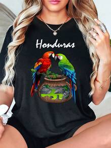 100% Cotton Honduras-Inspired Parrot Print T-Shirt For Women - Casual Crew Neck, Short Sleeve Top, Spring/Summer Collection, Stretchy Cotton Blend - 黑色 - 查看 1