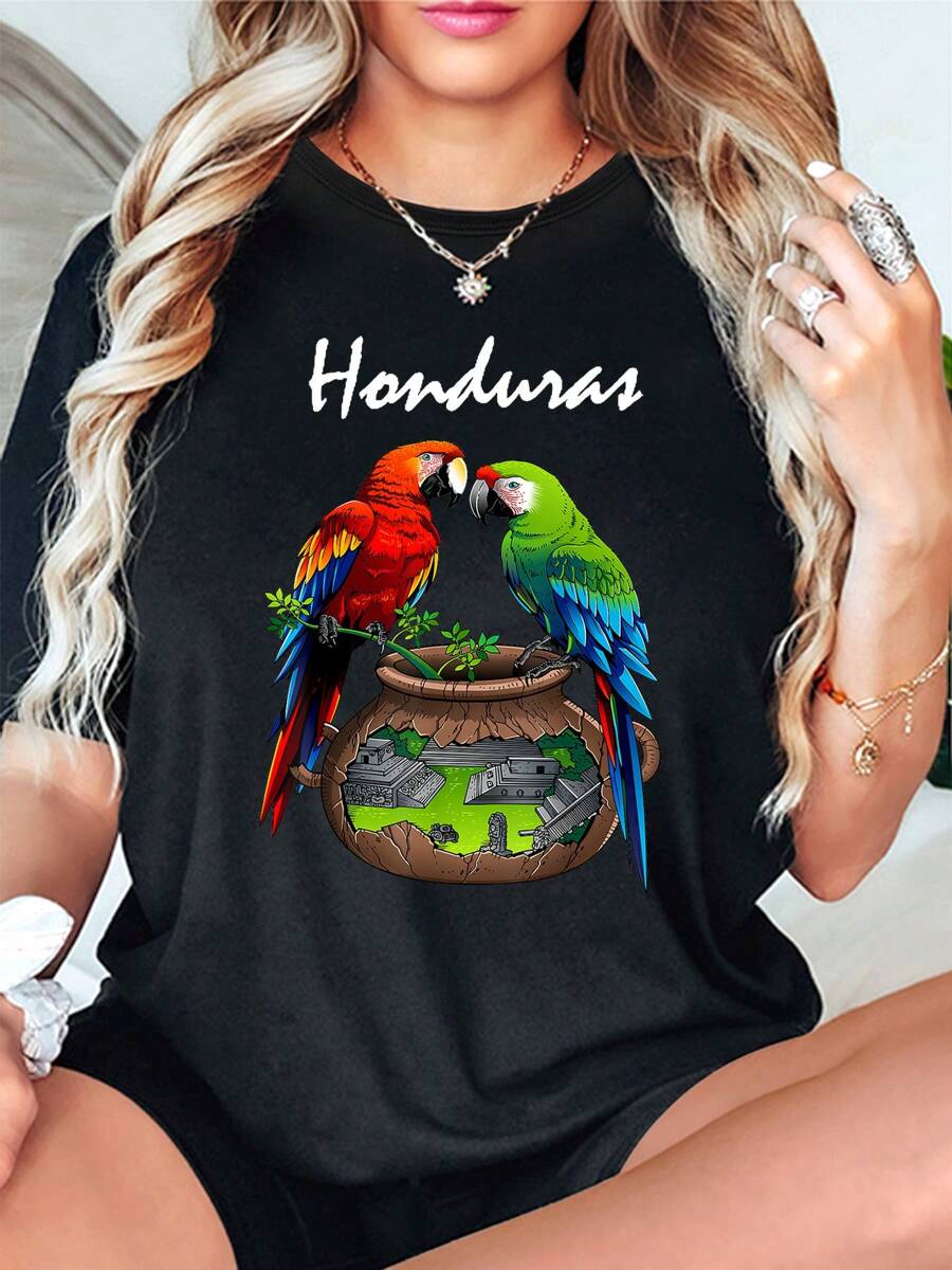 100% Cotton Honduras-Inspired Parrot Print T-Shirt For Women - Casual Crew Neck, Short Sleeve Top, Spring/Summer Collection, Stretchy Cotton Blend - 黑色 - 查看 1