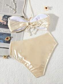 2025 Latest Starfish Decor Halter Bikini Swimwear Set, Summer - Apricot - View 2