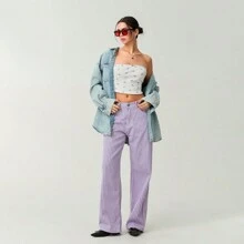Womens High Rise Jeans Retro Classic Striped Print Wide Leg Denim Pants Boyfriend Jeans With Pockets - Purple - View 3