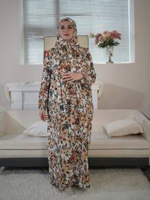 Floral Print Hooded Modest Dress, Elegant Long Sleeve Maxi With Hijab Prayer Dress, Women's Clothing