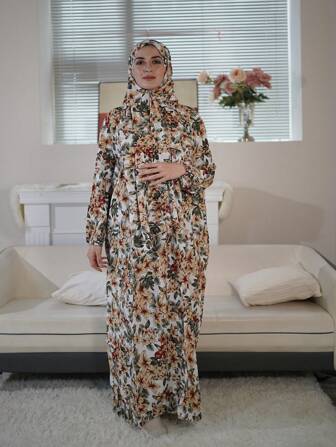 Printed Hooded Dignified Dress, Elegant Long Sleeve Dress With Headscarf, Women