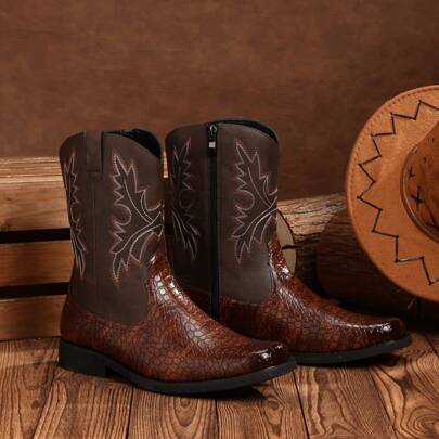 Western Cowboy Boots For Men, Crocodile Pattern Square Toe With Side Zipper Mid-Calf Boots, Brown