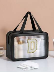 1 pièce Grand sac de toilette transparent de voyage à grande capacité, sac de maquillage portatif dépoli et imperméable, sac de lavage multifonctionnel avec 26 lettres à bord doré pour une combinaison libre, indispensable pour croisière, plage, vacances, salle de bain, camp d'été, décoration de salle de bain, organisateur de maquillage, accessoires de salle de bain, rentrée scolaire