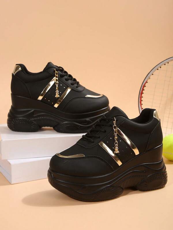 1 par de nuevos zapatos deportivos de plataforma negros para mujer para otoño/invierno, con parte superior de cuero, puntera redonda, cordones, suela gruesa, ligeros, antideslizantes y suela blanda para uso casual