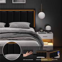 Floating Bed Frame With LED Light, Upholstered Platform Bed With PU Leather, Noise-Free, Easy Assembly, Full/ Queen/ King, Black/ White ( USB LED Strip) - 黑色 - 查看 3