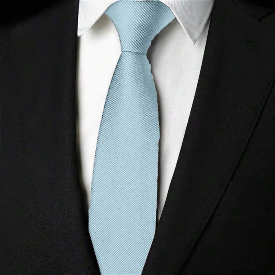 Slim Plain Twill Social Tie With Fine Lines - Baby Blue - View 1