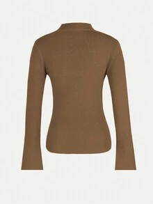 [Customized Development] Women's New Fashion Solid Color Button Cross Design Long Sleeve Asymmetric Knitted Sweater,Long Sleeve Tops - Coffee Brown - View 3