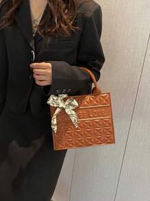 1 件/2 件/套时尚绗缝方形手提包，带字母图案和细围巾装饰，大容量 PU 单肩包钱包套装，专业商务公文包，适合工作/通勤 - 休闲、手提包、办公室 - 彩色 - 查看 7