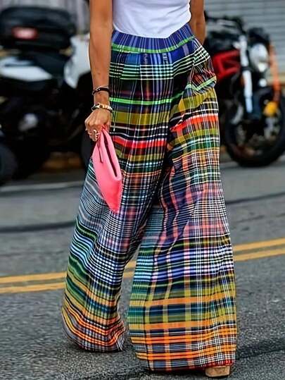 Pantalones anchos a cuadros de estilo callejero para mujeres