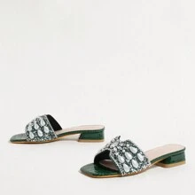 Fashionable New Women's Sandals, Strap Wide Toe Faux Pearl & Rhinestone Decor, Sexy Open Toe, Versatile Casual Low Heel Sandals For Summer - Green - View 4