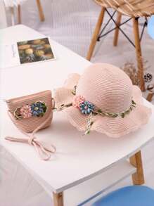 1set Flower Decor Kids Sun Hat + Shoulder Bag Set, Adjustable Sun Protection Hat With Cute Small Pouch, Suitable For Daily Use