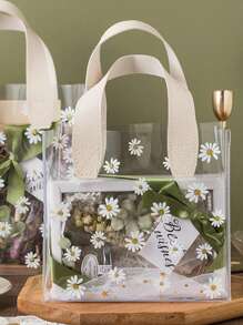 1 个带丝带的 PVC 礼品袋，透明雏菊印花礼品包装袋，适用于婚礼、派对、生日礼物