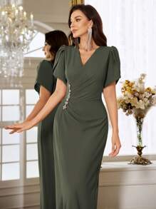 Women Thigh Slit Formal Evening Gown, Party Dress, Wedding Guest Dress, Evening Dress - Army Green - View 4