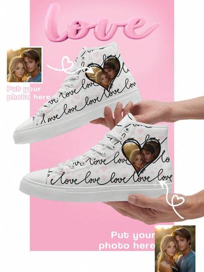 Custom Valentine's Day High-Top Canvas Shoes, Personalized Photo Design Sneakers, Unique Romantic Gift For Him & Her, Heart-Shaped Photo Display, Perfect For Couples, Anniversary, Or Special Occasions