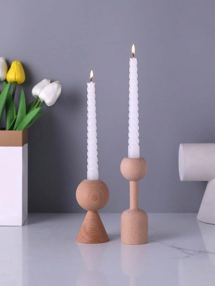 2pcs/set Wooden Candle Holder, Creative Geometric Design Candle Stand For Home - Apricot - View 1