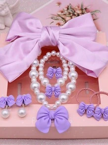 8 件儿童蝴蝶结发夹、发带、仿珍珠项链、手链、耳环、戒指首饰套装，多色，适合女孩的礼物 - 蝴蝶結 - 查看 10